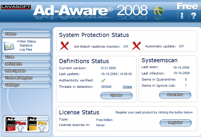 Ad-Aware 2007 Pro - предназначена для поиска и устранения шпионских.