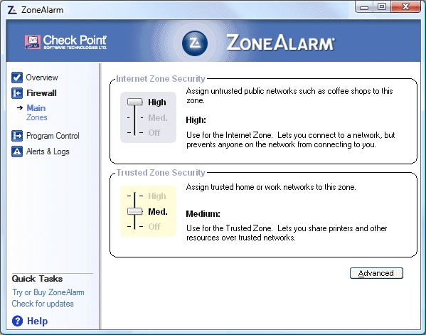 ZoneAlarm firewall zone security settings