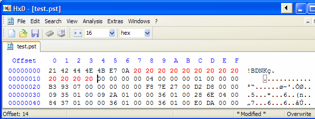 Hexadecimal editor for damaging the OUTLOOK.PST file