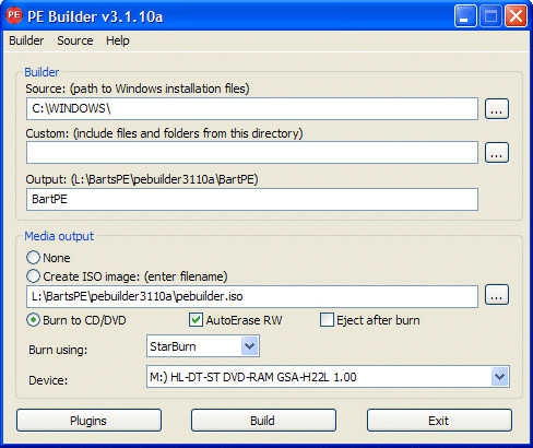 BartPE PE Builder window.