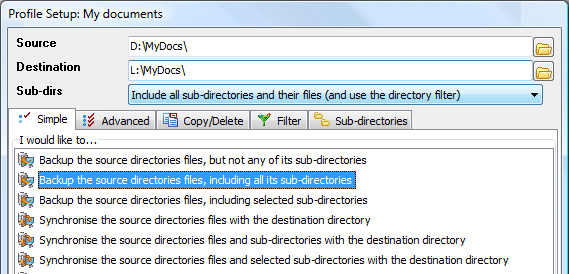 Source and target folder for back-up