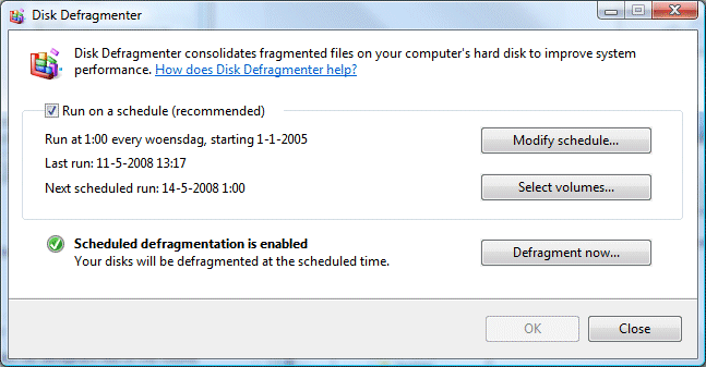 Defragmenting of the hard disk/partitions