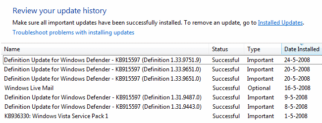 Installed Windows updates