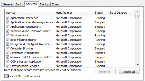 MSCONFIG: tab Services