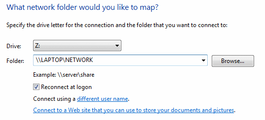 Creating a drive letter for a shared folder