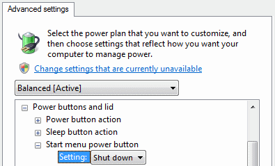 Advanced settings for the on/off button