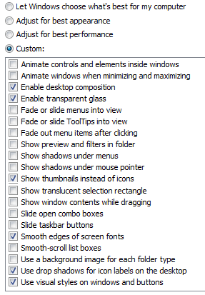 Advanced visual performance settings