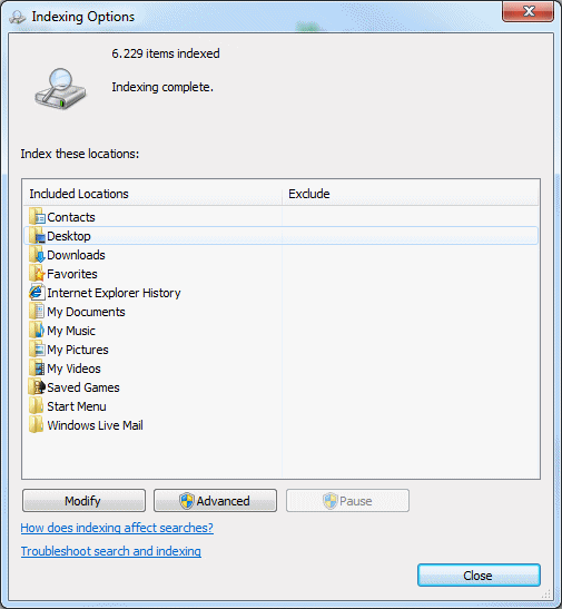 Options for indexing files