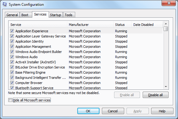 pulizia di avvio di Windows 7 msconfig