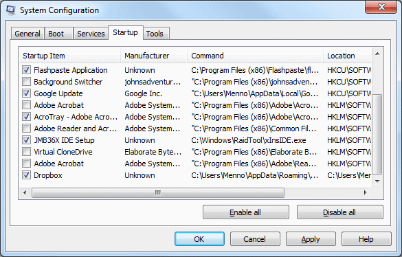 windows 7 msconfig services não necessários