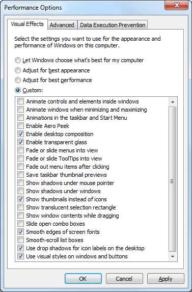 Advanced system settings: visual performance options