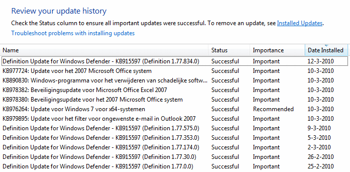 Windows update history