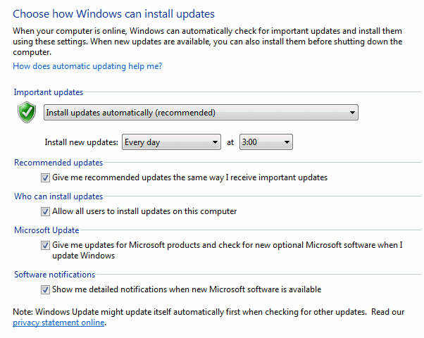 Windows update settings